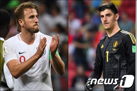 잉글랜드의 공격수 해리 케인(왼쪽)과 벨기에의 골키퍼 티보 쿠르투아가 14일 오후 11시(한국시간) 2018 국제축구연맹(FIFA) 러시아 월드컵 3·4위 결정전을 치른다. © AFP = News1